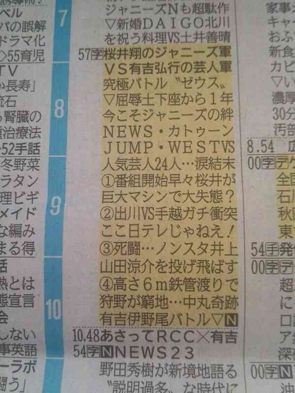 【実況・感想】櫻井翔のジャニーズ軍VS有吉弘行の芸人軍”ゼウス”