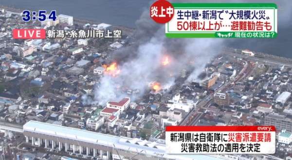新潟・糸魚川市の商店街で大規模火災　273世帯に避難勧告 