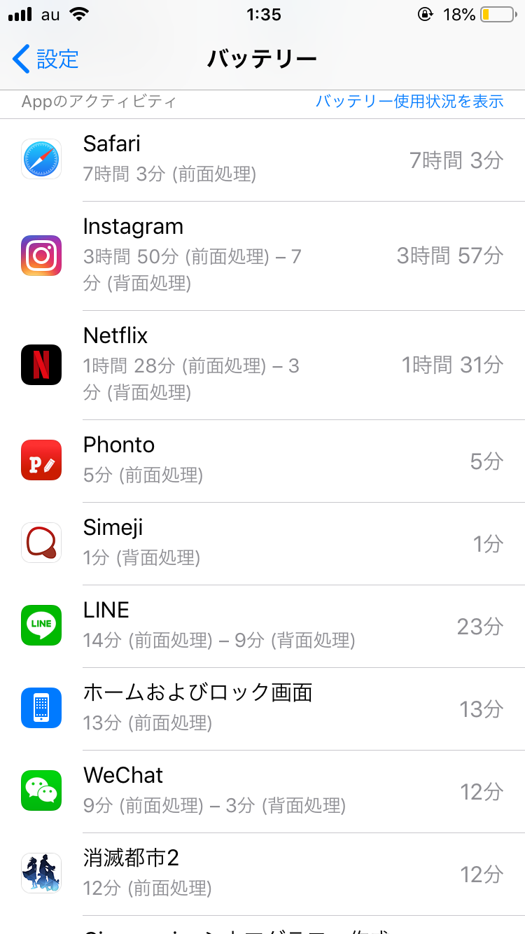 スマホの7日以内のバッテリー使用内訳を赤裸々に見せるトピ
