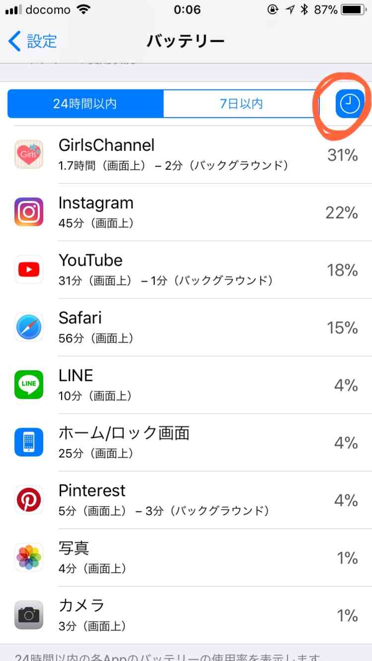 スマホの7日以内のバッテリー使用内訳を赤裸々に見せるトピ