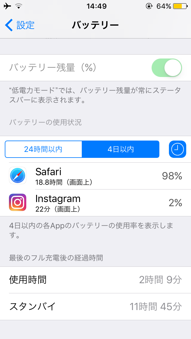 スマホの7日以内のバッテリー使用内訳を赤裸々に見せるトピ