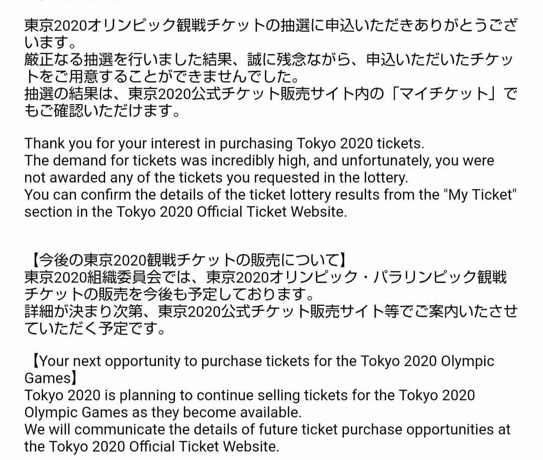 東京オリンピック観戦の抽選結果！