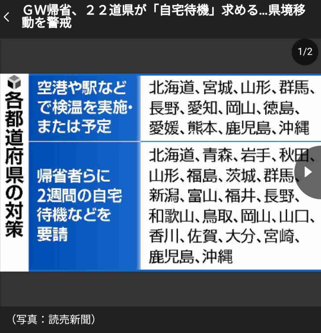 GW帰省、22道県が「自宅待機」求める…県境移動を警戒