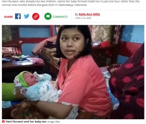 「神の奇跡」で妊娠1時間後に出産したと主張する母親(インドネシア)