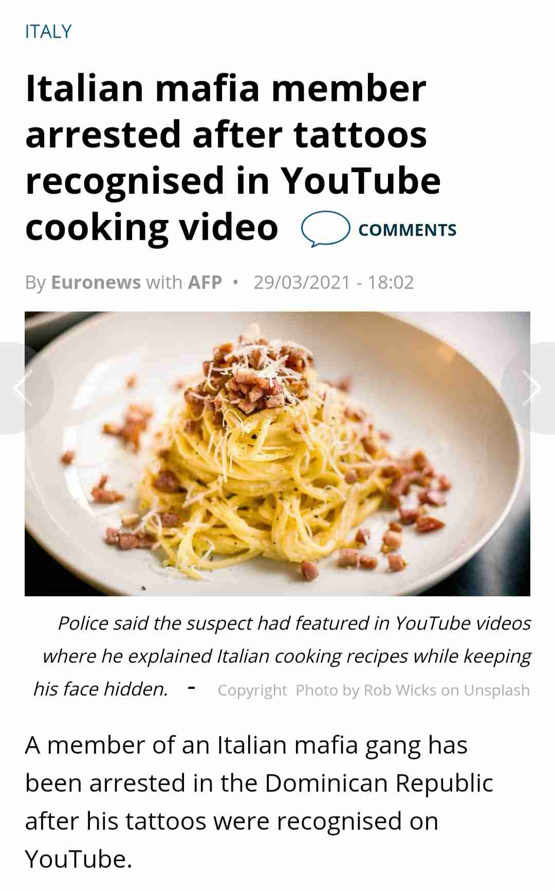 逃亡中のマフィア構成員がYouTubeで料理動画を公開、居場所がバレて即逮捕される