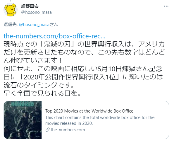 『劇場版「鬼滅の刃」無限列車編』2020年の興行収入が全世界1位に