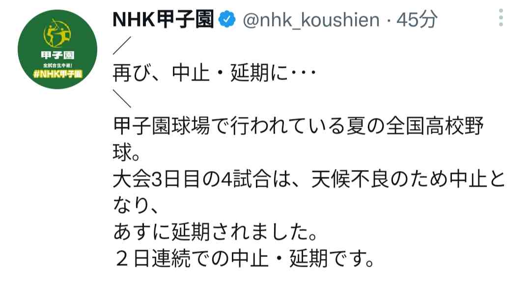 夏の甲子園　荒天続きで日程消化ピンチ　明日13日も雨予報で日程再編成か