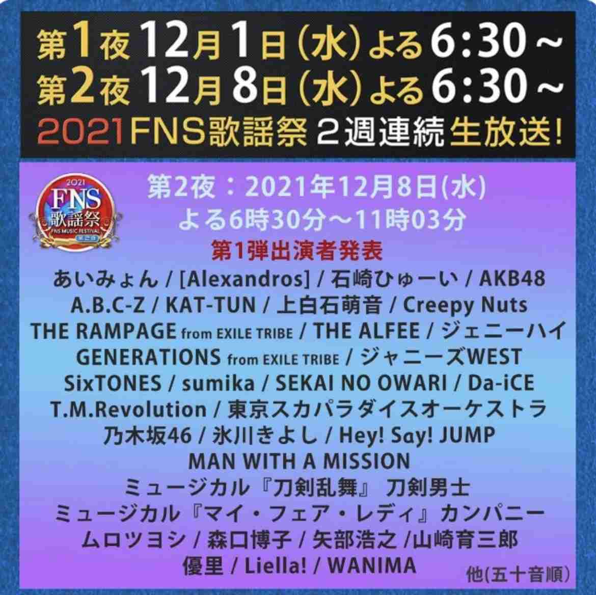 『FNS歌謡祭』出演第1弾71組発表 ジャニーズ勢はKinKiら8組 ウマ娘は競馬場から出走