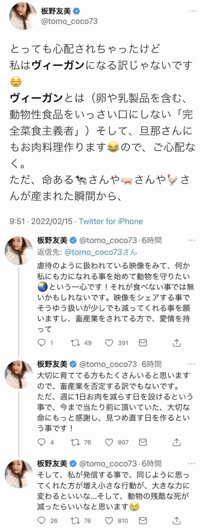 板野友美「ミートフリーデーを作る」と投稿し真意説明「命ある動物のため」「畜産業を否定する訳でもない」