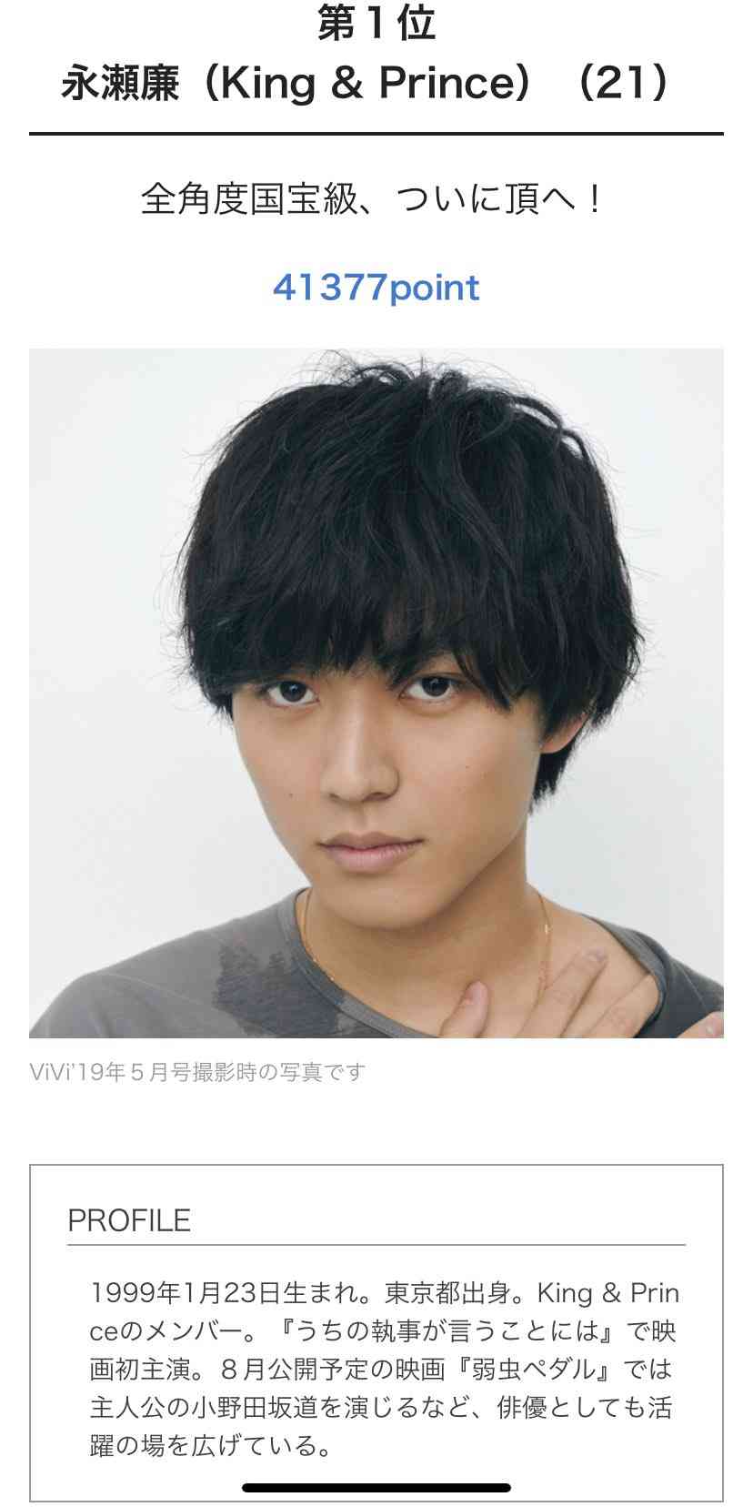 なにわ男子・道枝駿佑、「国宝級イケメンランキング NOW部門」で1位を獲得