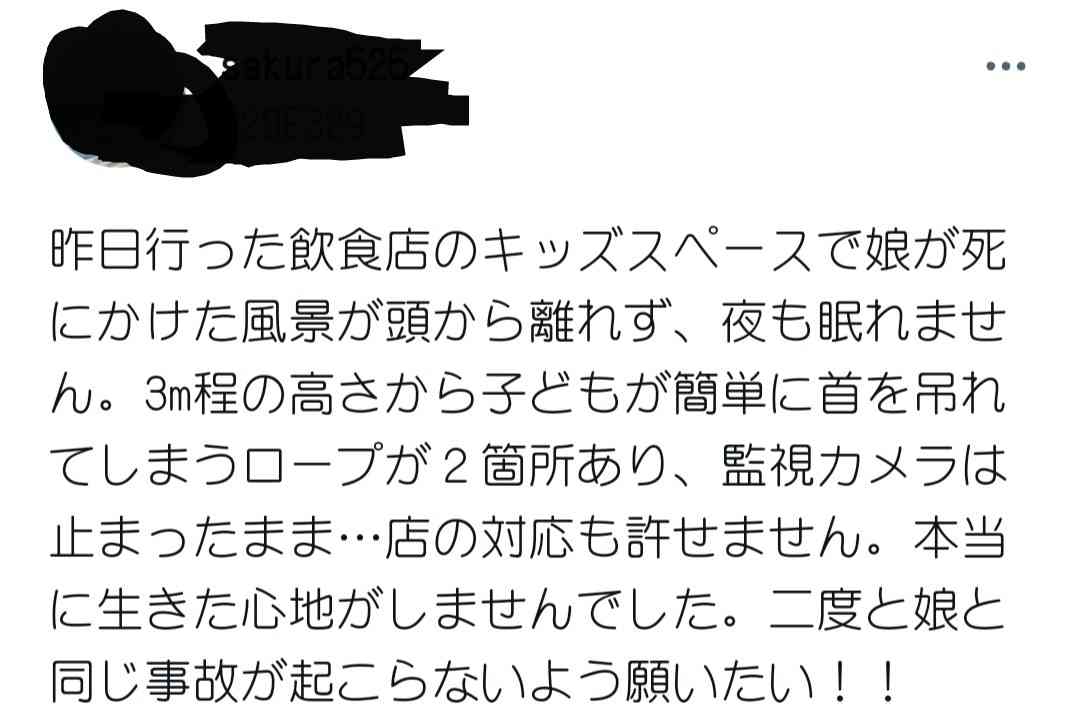 【注意喚起】遊具のロープが4歳の娘の“首”に絡まり“宙づり”状態に…母が語る恐怖の瞬間 飲食店のキッズスペースで事故