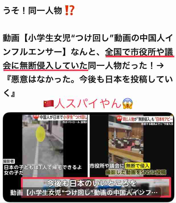 「追いかけたつもりない」中国人男性が日本で小学生“つけ回し”迷惑動画の撮影者を直撃…過去には議会に無断侵入した動画投稿も