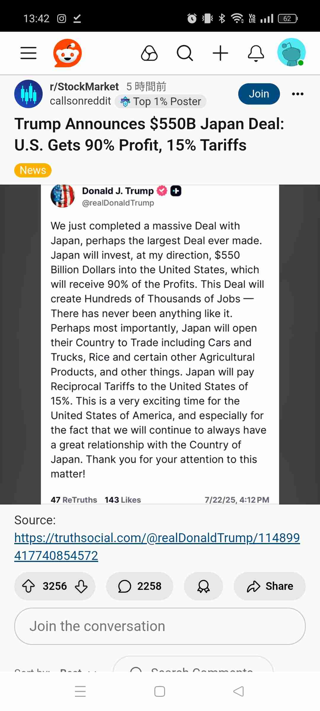 【速報】トランプ大統領 ｢日米交渉で合意｣と投稿 “対日関税は15％ 日本が米に5500億ドル投資”
