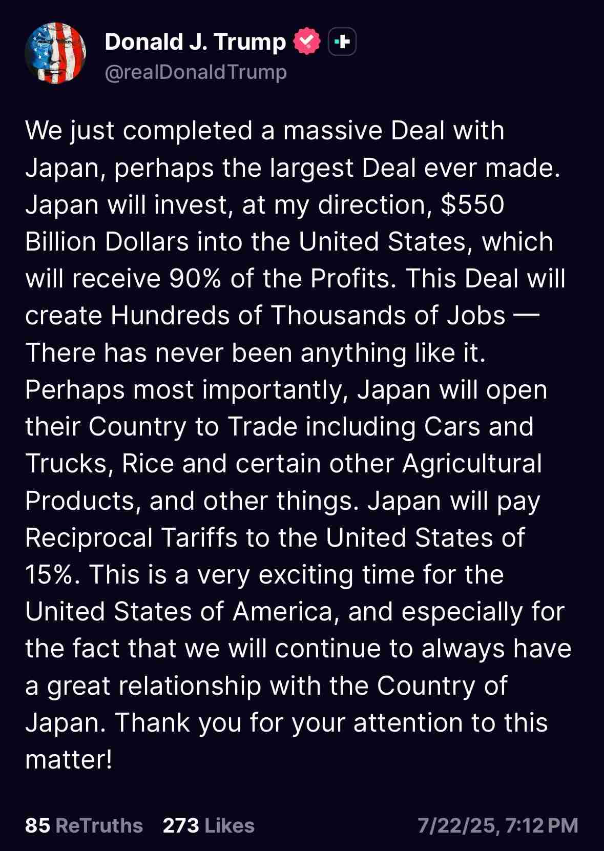 【速報】トランプ大統領 「日米交渉で合意」と投稿 “対日関税は15% 日本が米に5500億ドル投資”