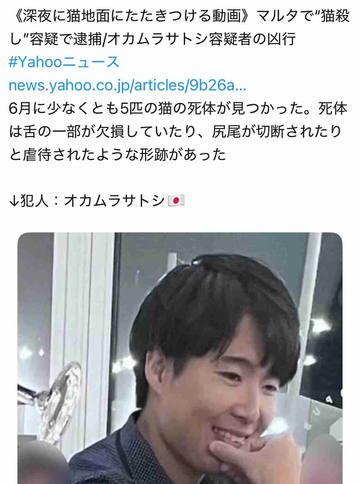 《深夜に猫地面にたたきつける動画》マルタで“猫殺し”容疑で逮捕の慶應卒エリート・オカムラサトシ容疑者の凶行と、マルタ国民の怒号「恥を知れ」「国外に追放せよ」
