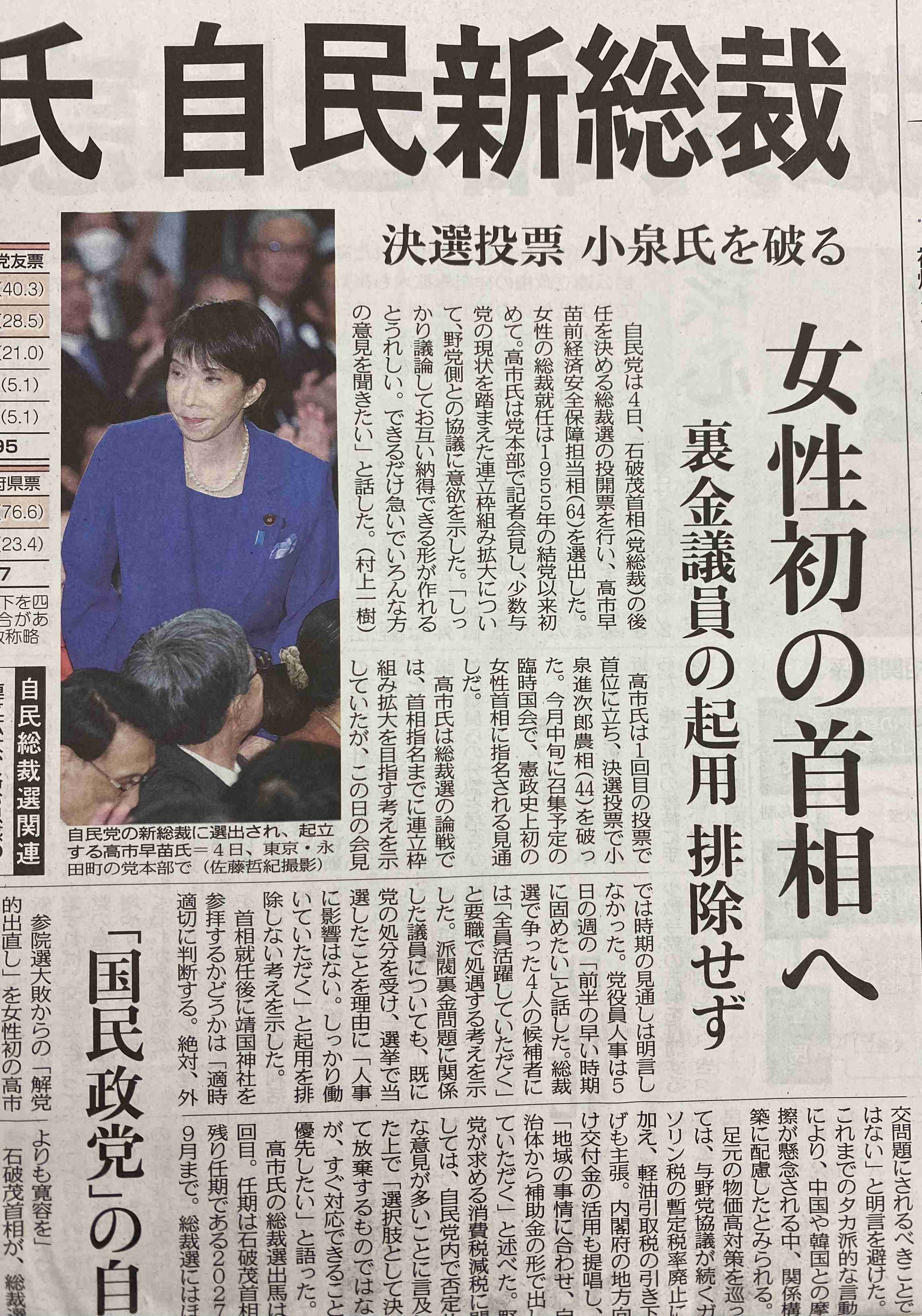 自民党新総裁に高市早苗氏 女性の総裁就任は初