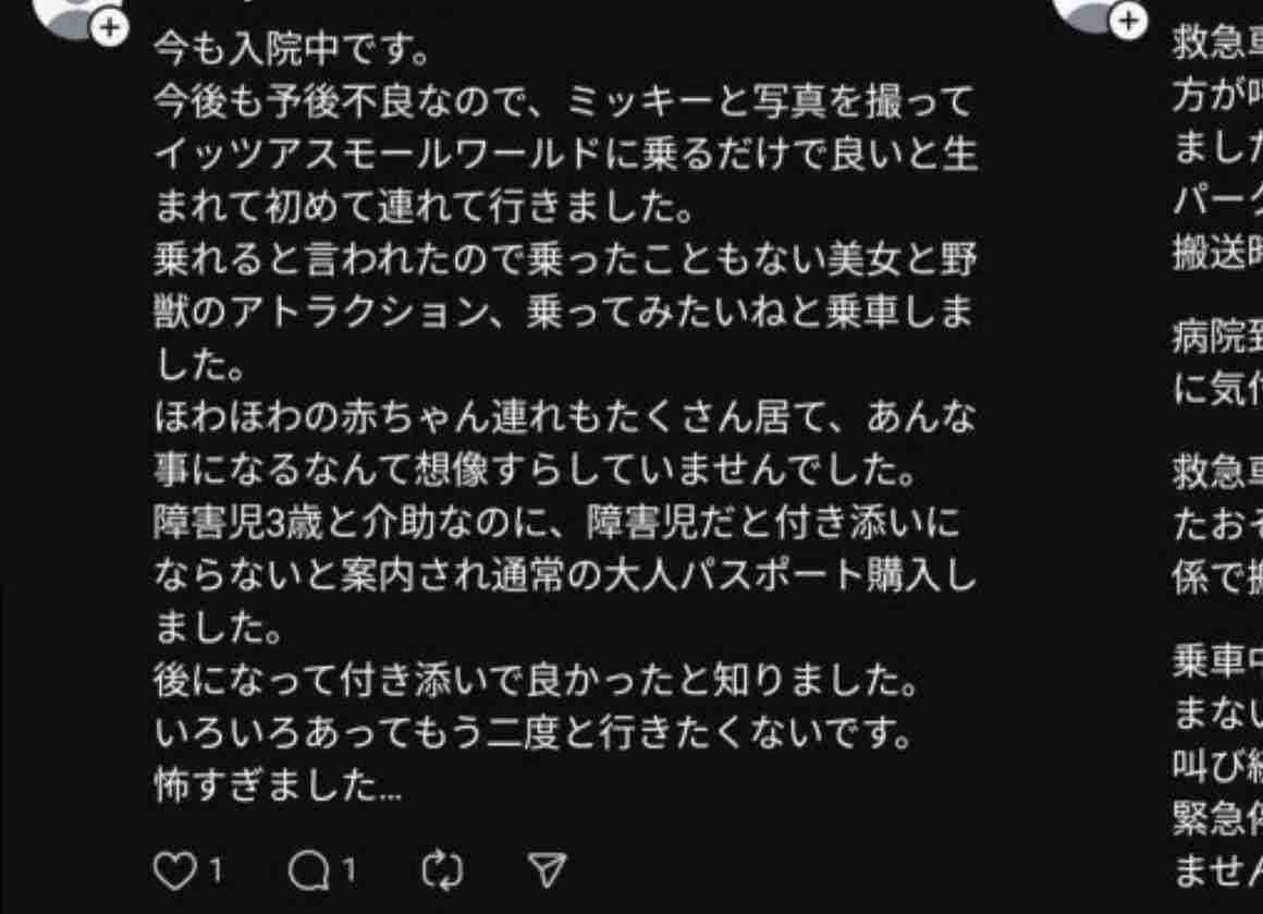 東京ディズニーランド「美女と野獣」で子どもが救急搬送　「安全ベルトが首にかかり苦しんでいる」と通報