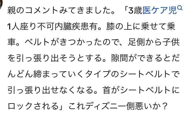 東京ディズニーランド「美女と野獣」で子どもが救急搬送 「安全ベルトが首にかかり苦しんでいる」と通報