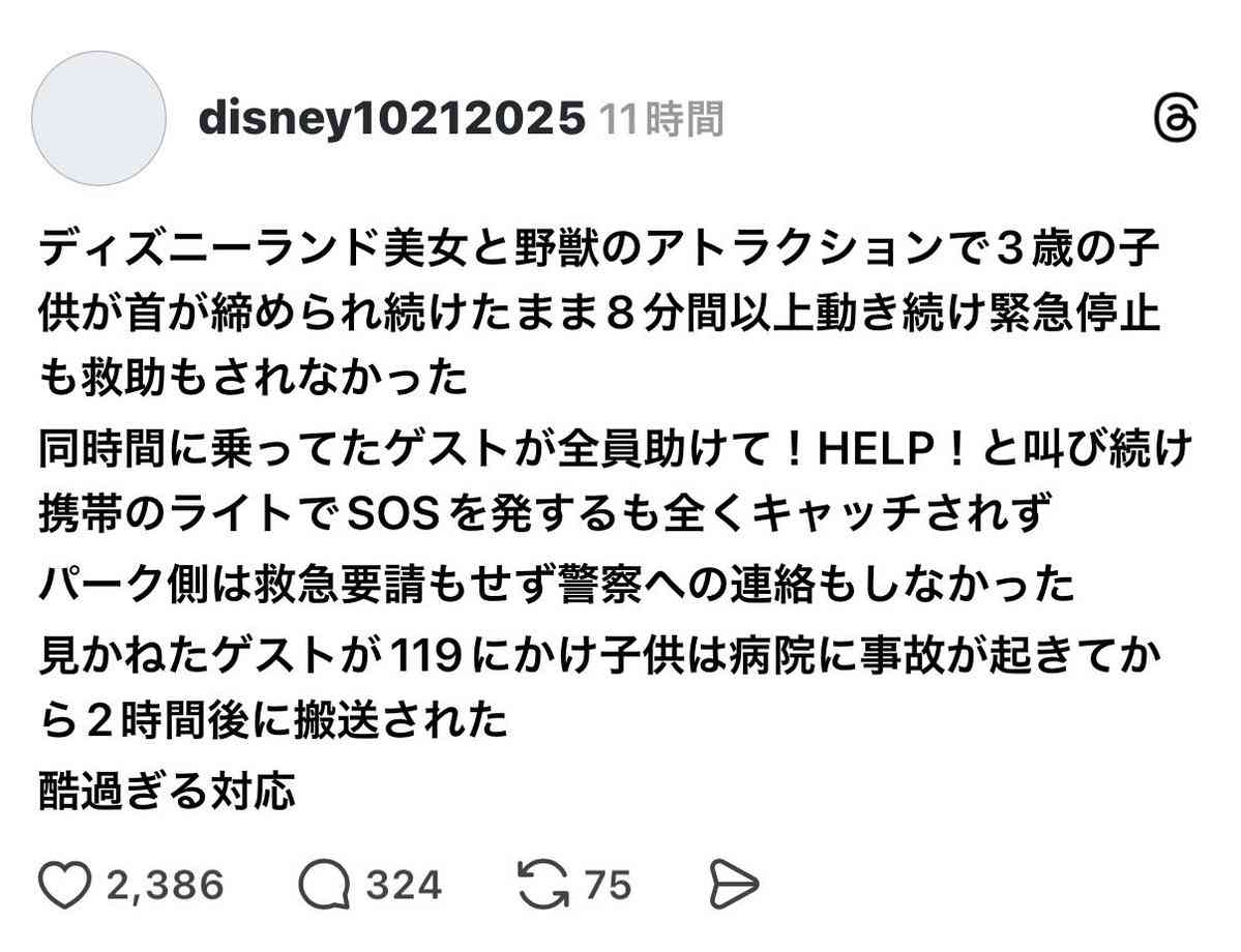 東京ディズニーランド「美女と野獣」で子どもが救急搬送　「安全ベルトが首にかかり苦しんでいる」と通報