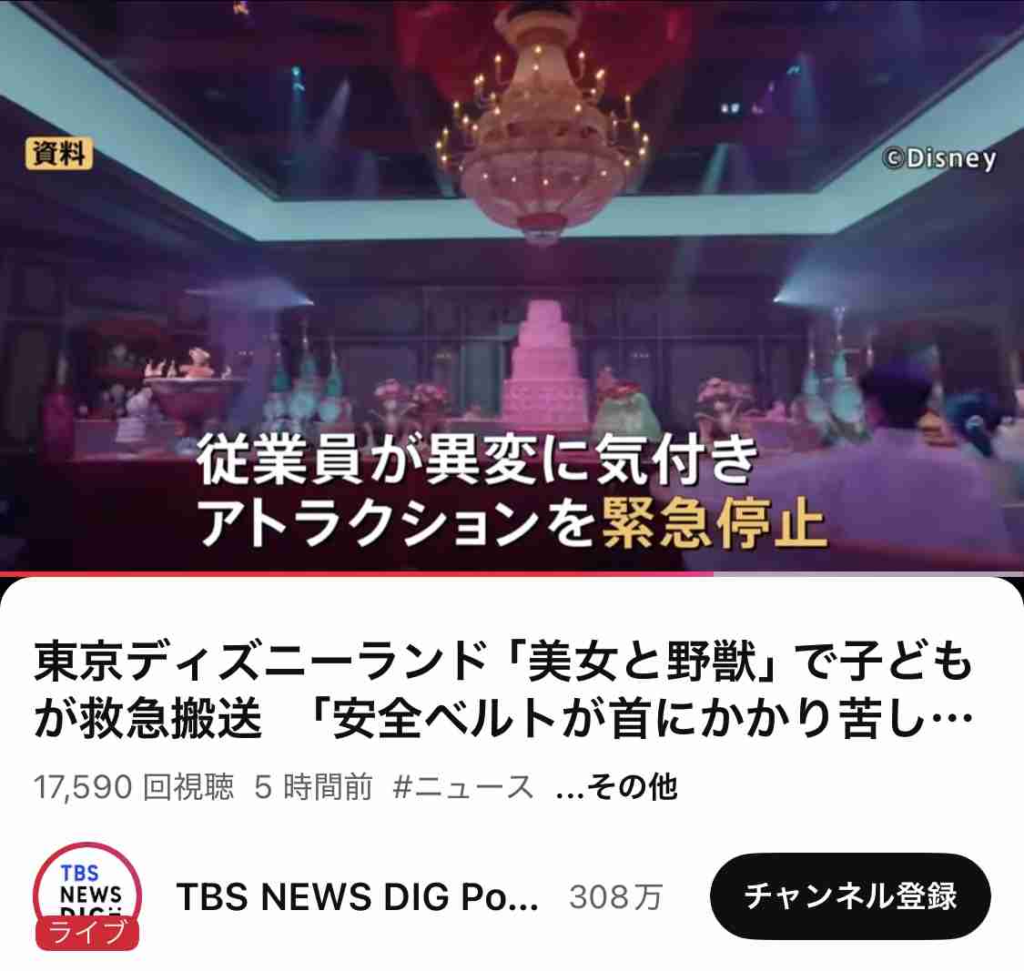 東京ディズニーランド「美女と野獣」で子どもが救急搬送 「安全ベルトが首にかかり苦しんでいる」と通報