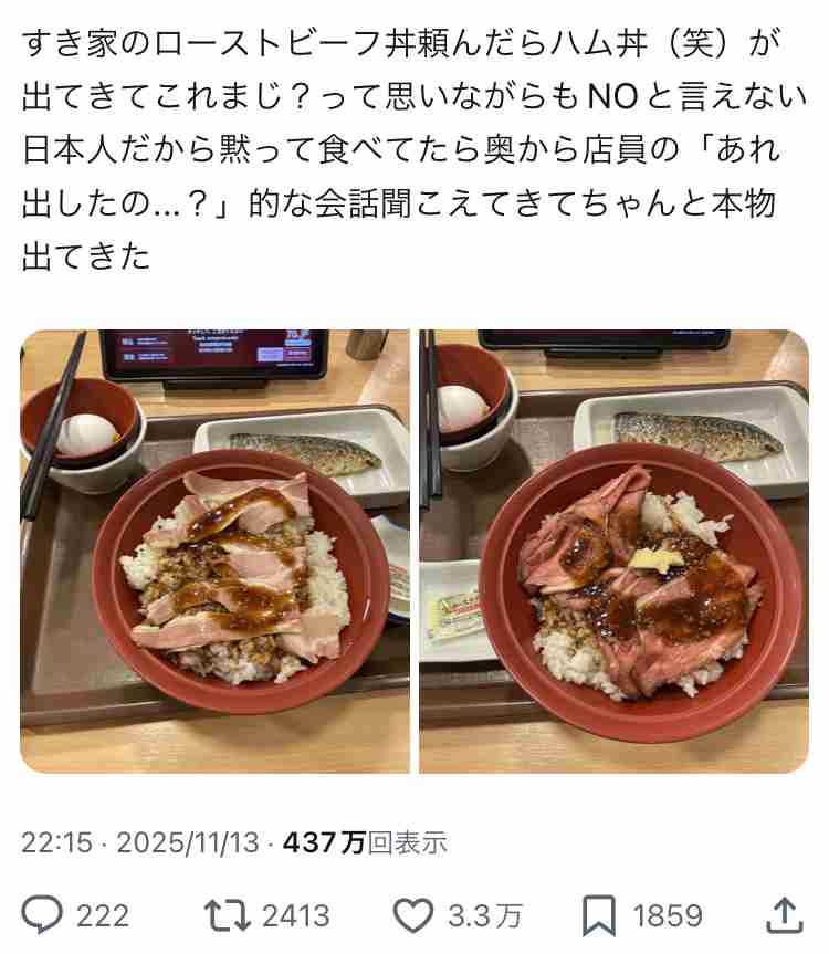 すき家でローストビーフ丼を注文したら犬の餌EXみたいなの提供されて涙「ロスト ビーフ丼やんけ」「はずれofはずれ個体すぎる」