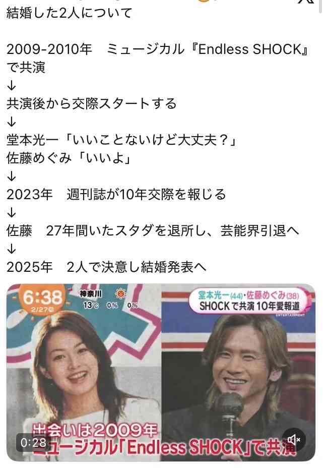 堂本光一　結婚を発表　相手は一般女性「皆さまへの感謝を胸に」