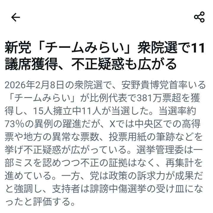 チームみらい、比例公認候補が公認辞退　問い合わせフォームに経歴情報寄せられ「重要情報」発覚