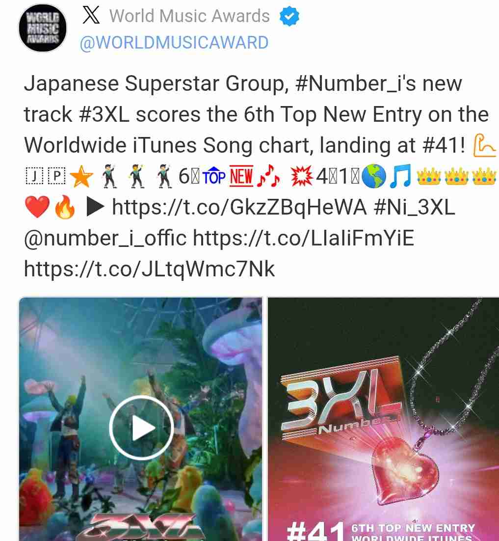 Number_i 「3XL」MVがグループ最速記録達成 1日と50分で1000万回再生突破