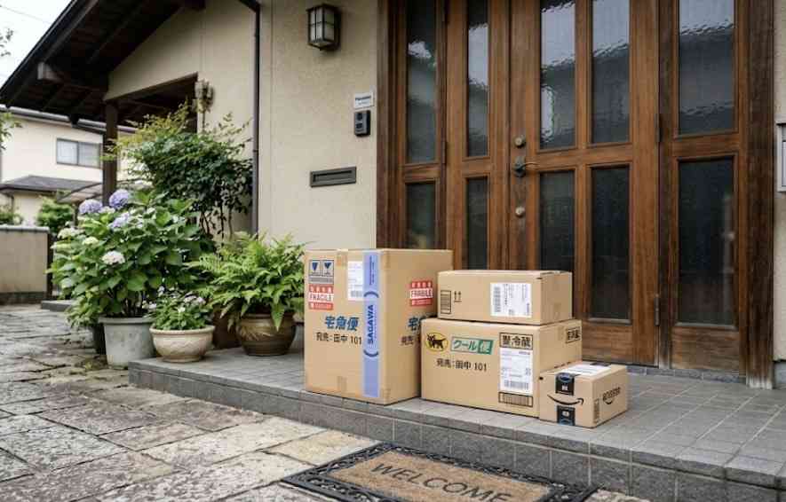 玄関に宅配便の荷物が放置してある