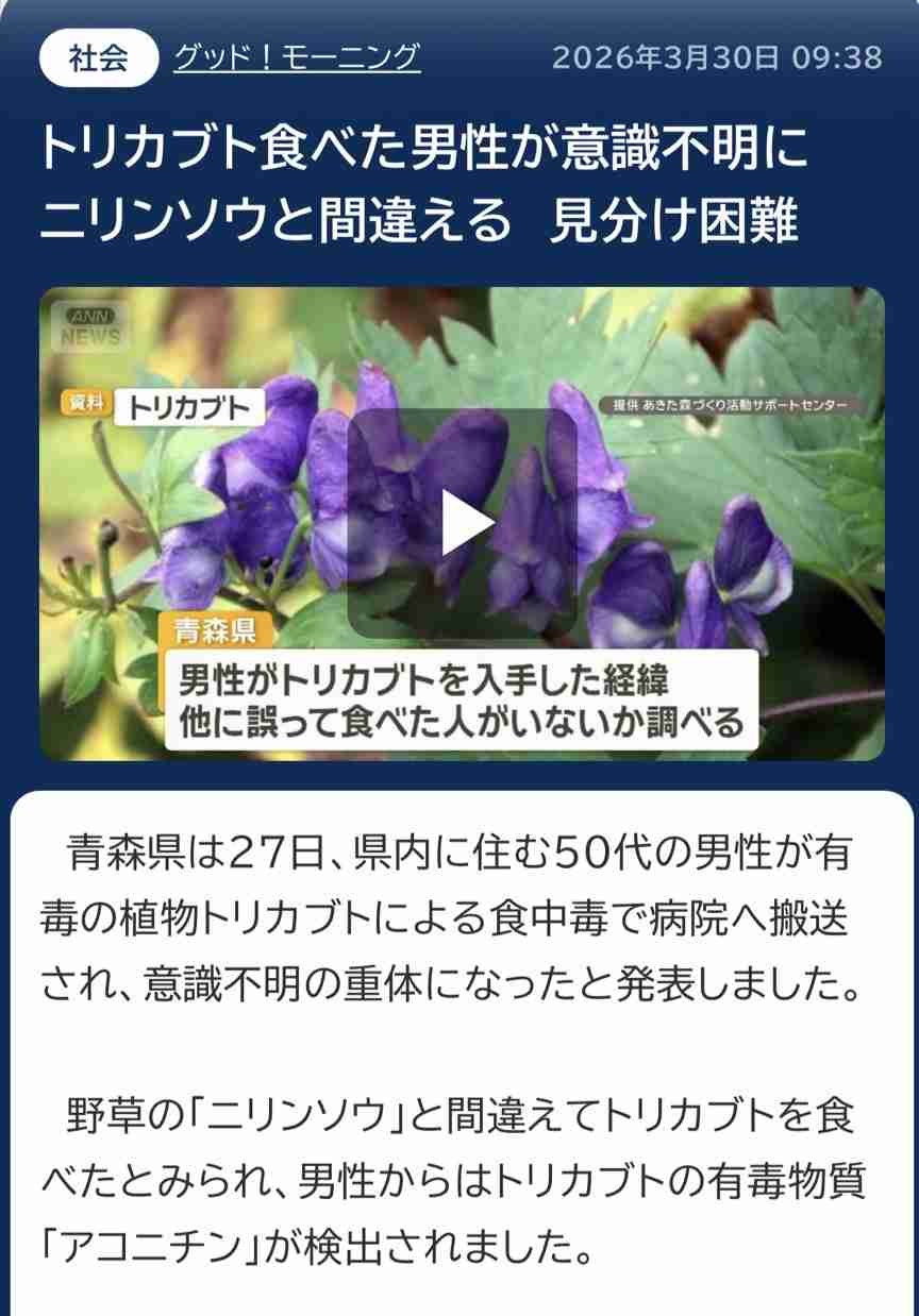 山林で採取した植物を誤食　トリカブトによる食中毒で80代男性死亡　ニリンソウと勘違い　北海道