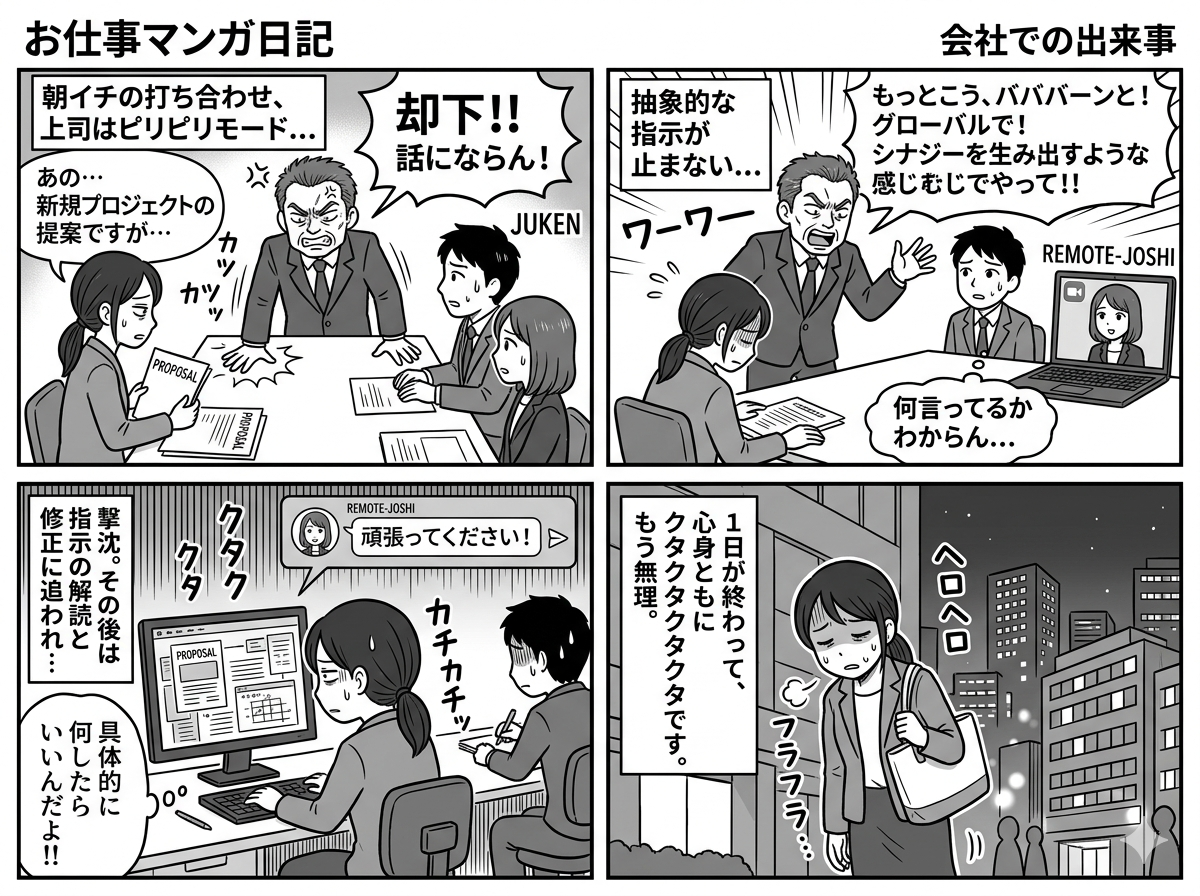 最近の出来事をAIで四コマ漫画にしてください