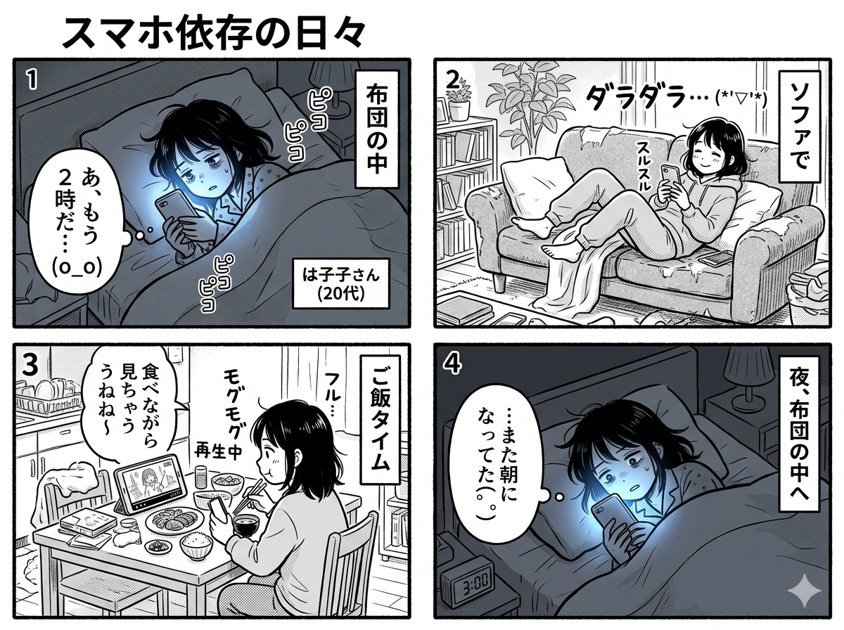 最近の出来事をAIで四コマ漫画にしてください