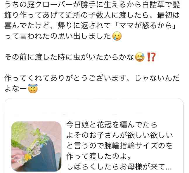 娘と花冠を作って遊んでいたら知らない子が欲しい欲しいとせがむ…作って渡してあげたら今度は母親がやってきて「虫がいたんですけど！」と謝罪を求められた
