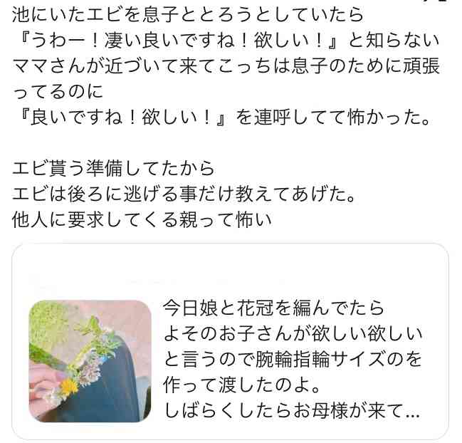 娘と花冠を作って遊んでいたら知らない子が欲しい欲しいとせがむ…作って渡してあげたら今度は母親がやってきて「虫がいたんですけど！」と謝罪を求められた
