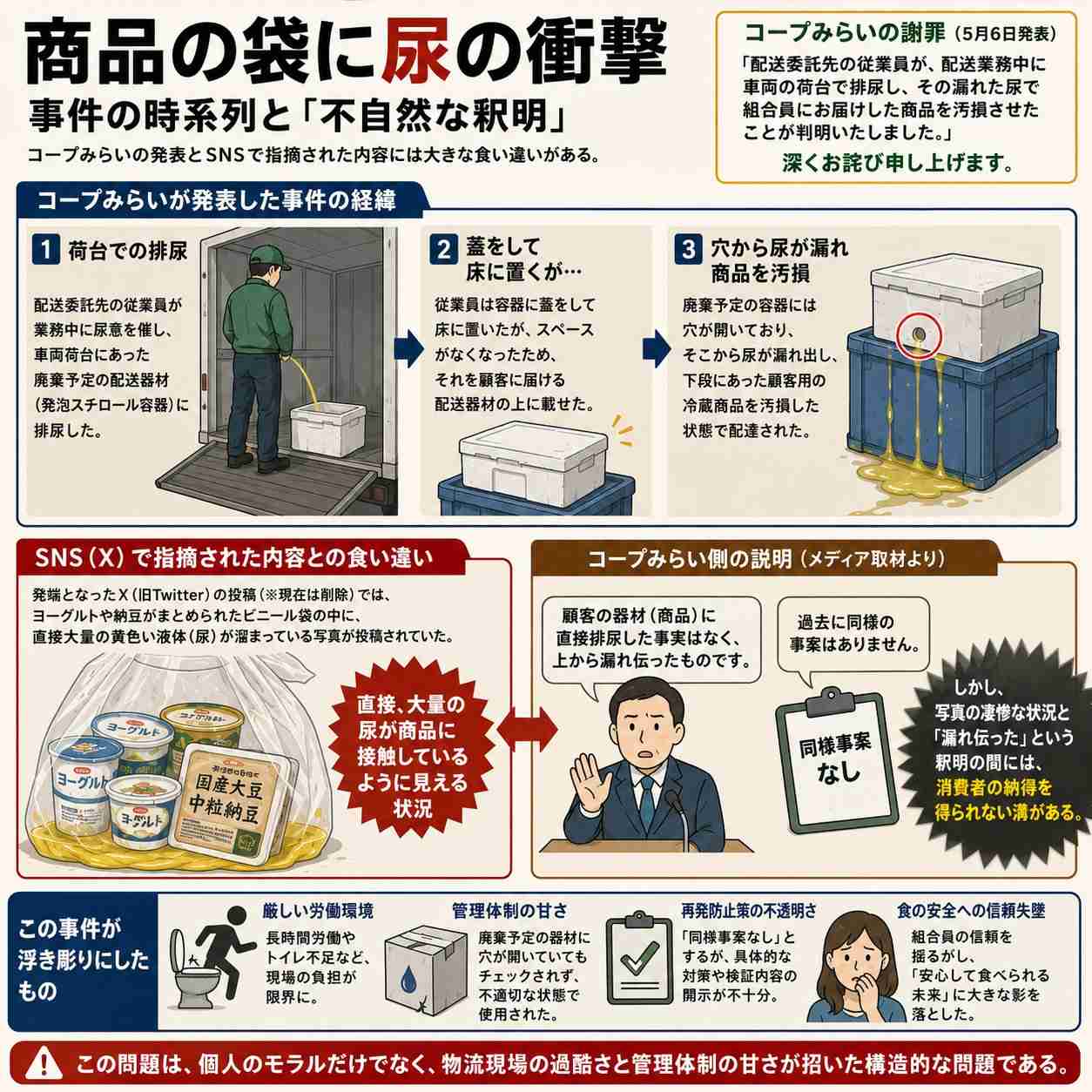 夫が一時期コープの下請けで働いていたが、「荷台で用を足すこと」が当たり前になっているのが嫌すぎてすぐ辞めた→注目される「配達員のトイレ問題」について意見さまざま