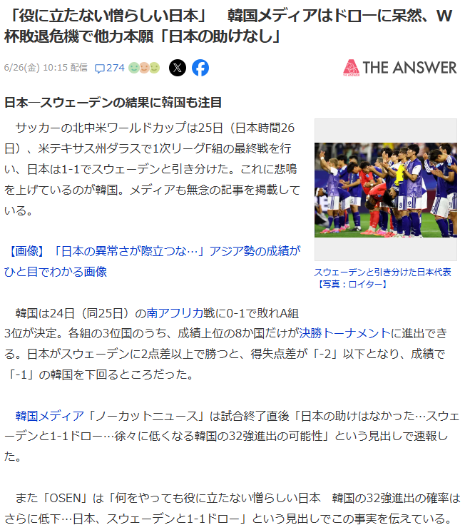 日本代表 スウェーデンと1-1のドロー グループF2位通過で決勝T初戦はブラジルと激突【サッカーW杯】