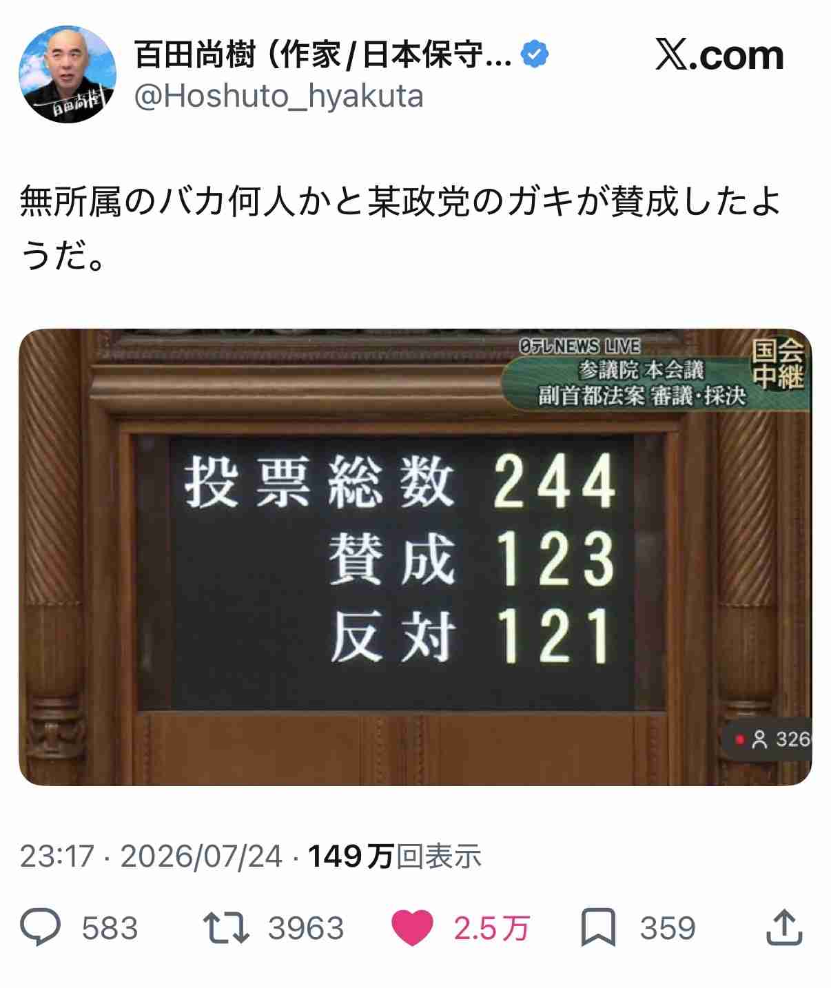 副首都構想を具体化するための法律が参議院本会議で可決・成立　27日に高市総理出席の集中審議