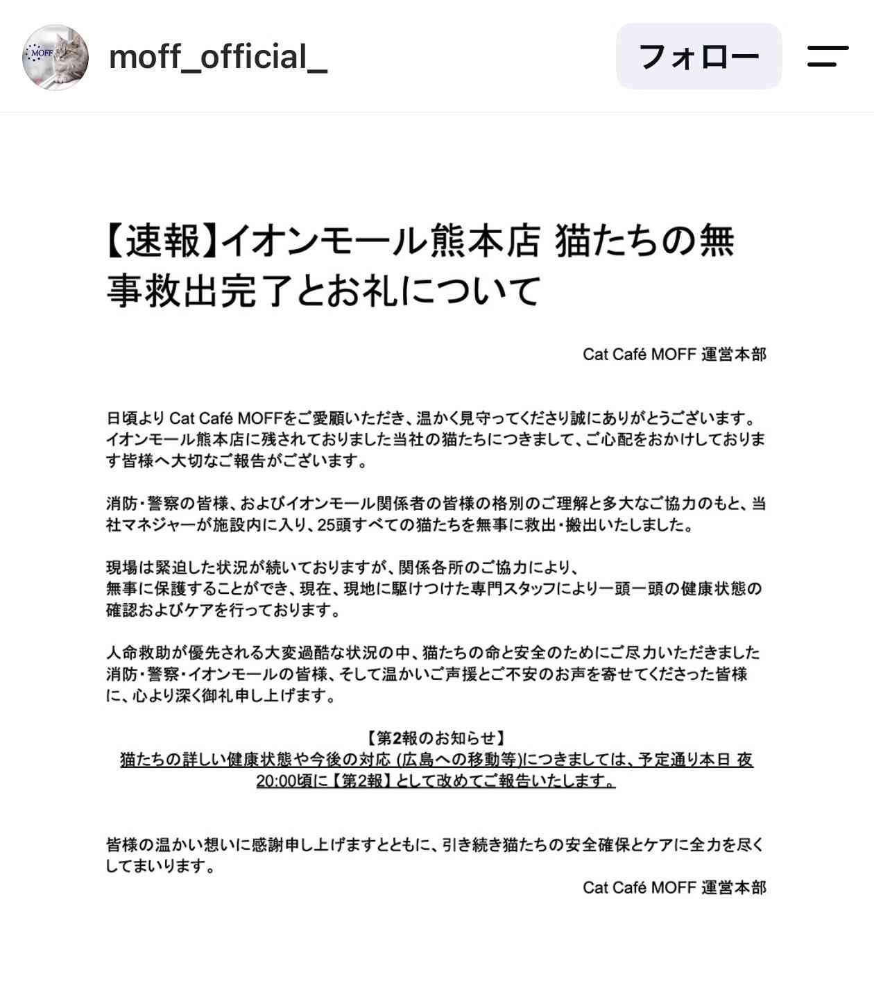 イオンモール熊本の「猫カフェ」 猫、現在も取り残される 運営会社が発表「避難準備中に爆発が発生」