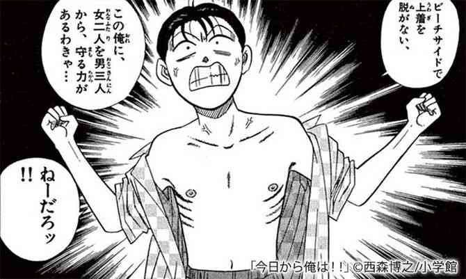 公共の場で上半身裸になる男