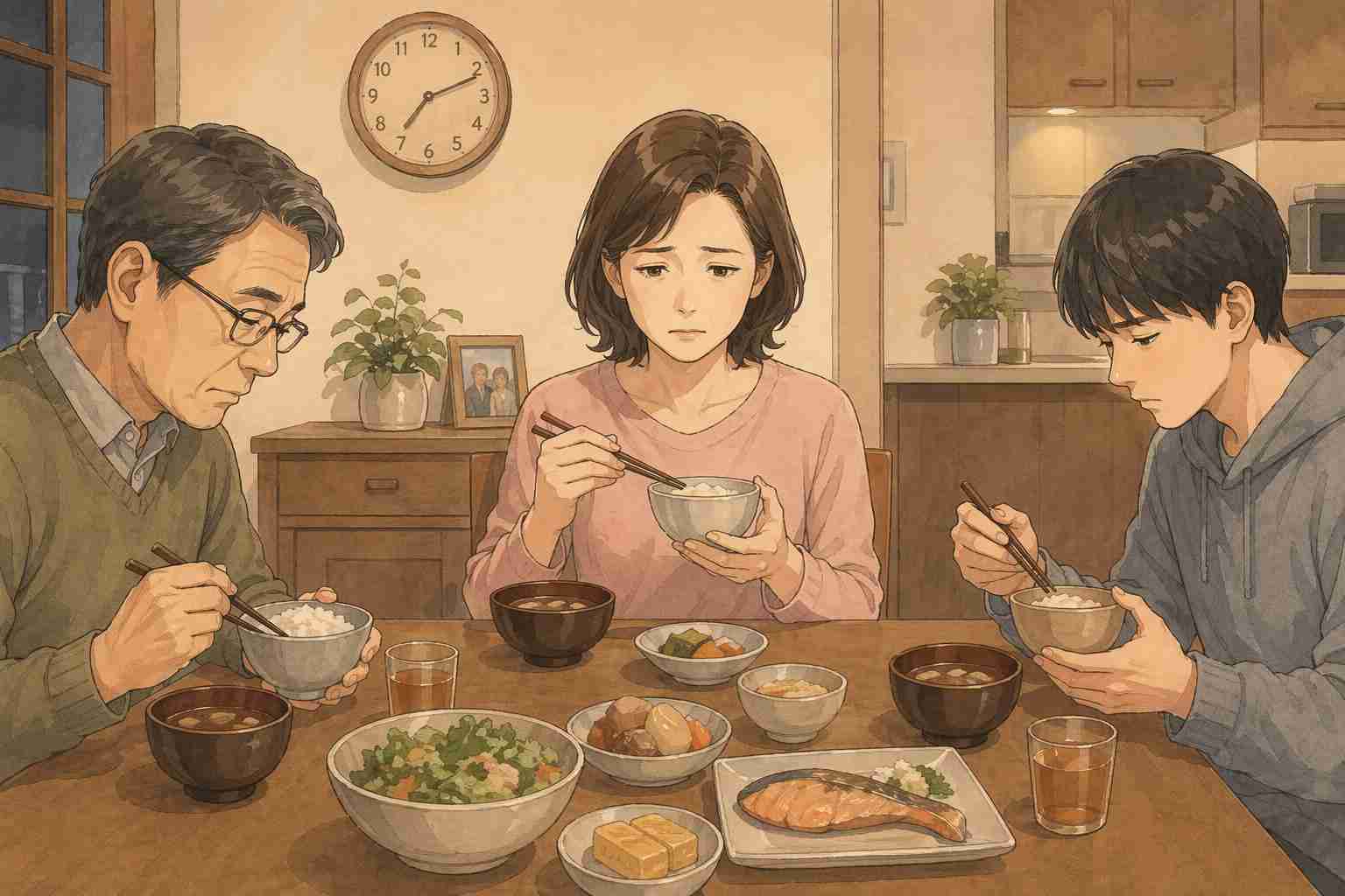 無反応でご飯を食べる家族