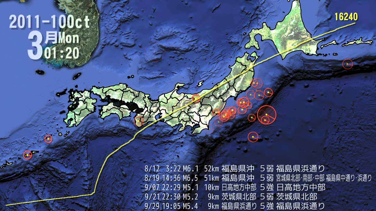 東北地方太平洋沖地震 発生地点・規模・時刻分布図（2011/10/15） - YouTube