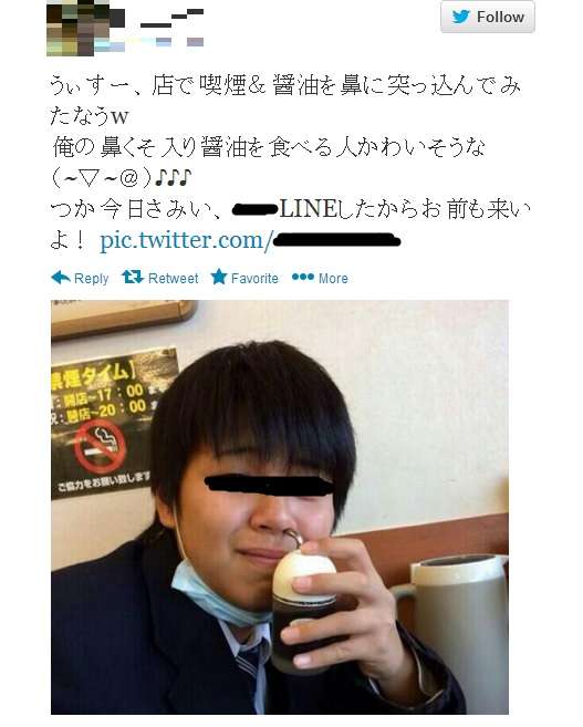 【バカッター】某店で醤油を鼻に突っ込む輩が出現「俺の鼻くそ入り醤油を食べる人かわいそう」→炎上