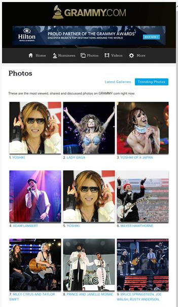 グラミー賞のオフィシャルサイトで、YOSHIKIの写真が世界1位！レディー・ガガを押さえる