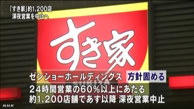 すき家、約1200店の深夜営業中止