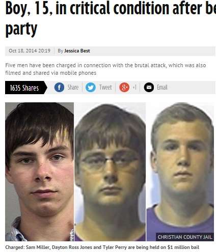 【米国】集団レイプ被害で15歳少年が重体。男子大学生ら5人を逮捕。