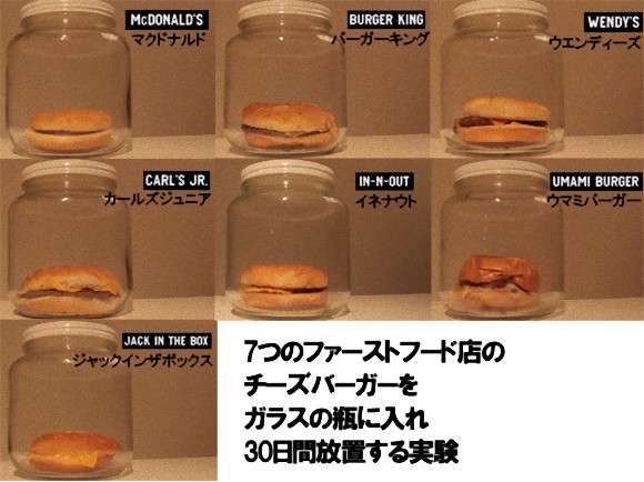 【閲覧注意】マクドナルド、バーガーキングなど、全米ファーストフード7社のハンバーガーをビンに入れて30日間放置→こんなにも違いが?!