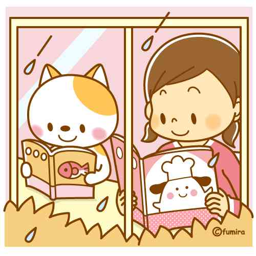 雨の日・本を読む子供と猫のイラスト（ソフト）