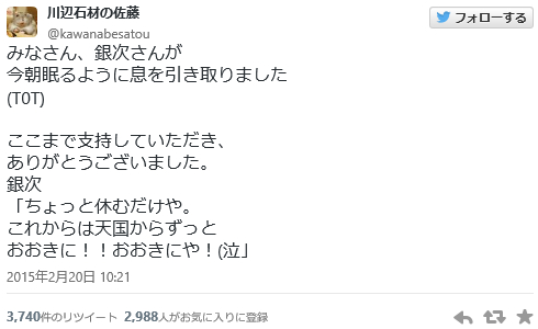 【訃報】ツイッターで人気の『居酒屋ハムスターの銀次さん』亡くなる