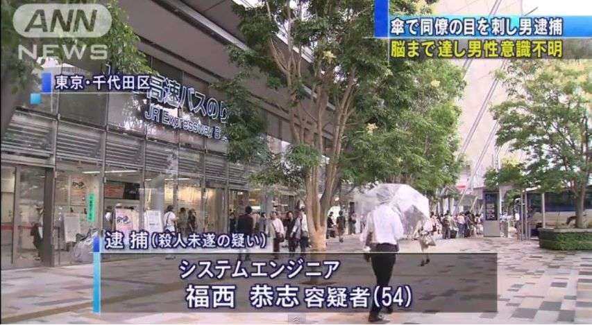同僚と口論、もみあいの最中に傘が目に入り脳に到達→男性は意識不明の重体