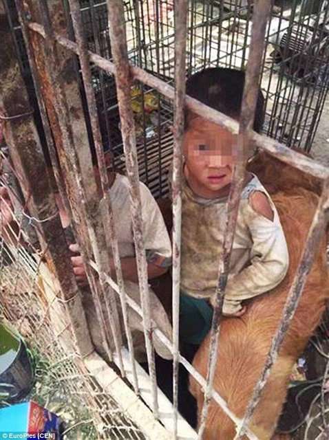 中国でドッグフードを食べ犬小屋で生活する少年少女が発見される